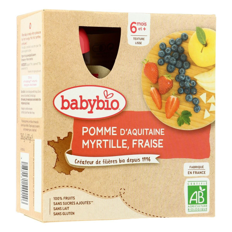 Babybio - Gourdes Pomme Myrtille & Fraise dès 6M Bio x4