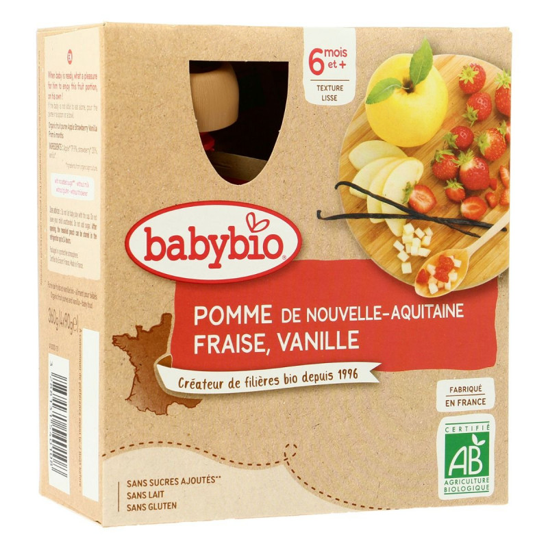 Babybio - Gourde Bébé Pomme Fraise Vanille 6M Bio x4